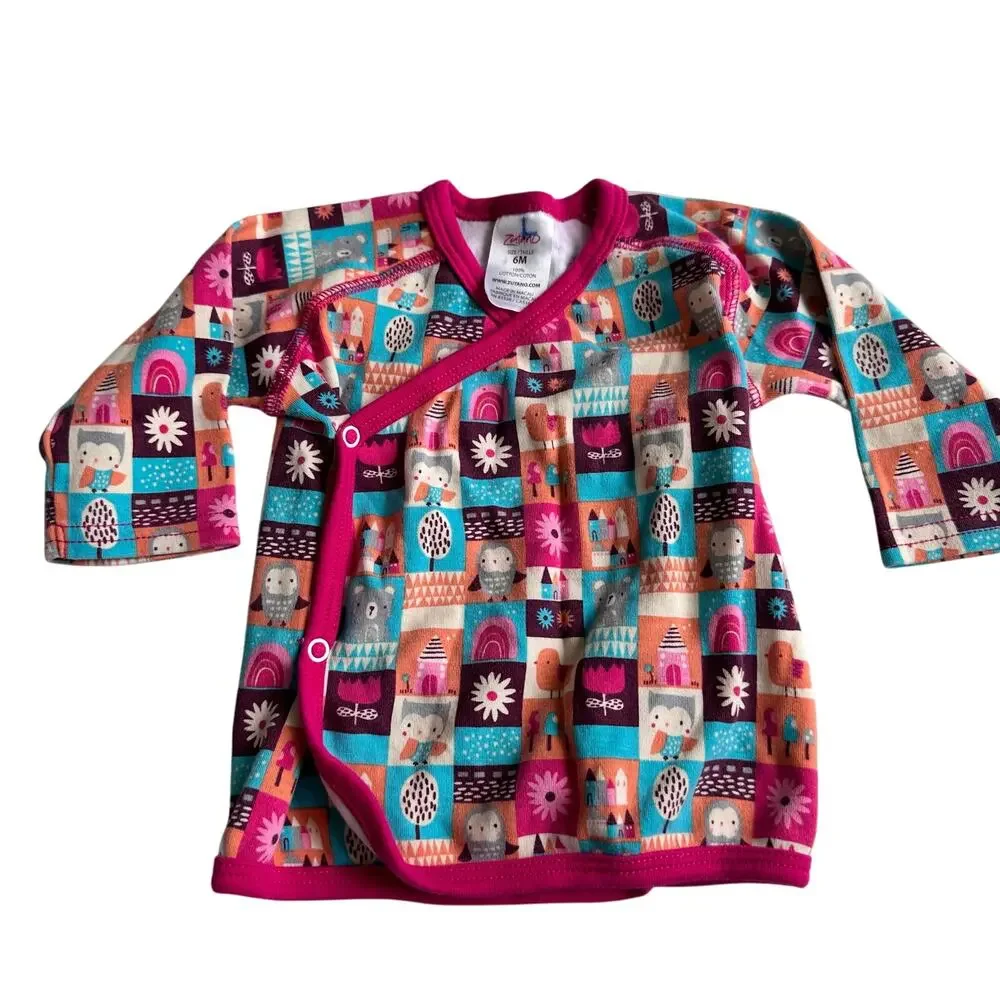 Zutano Pink & Blue Owl Print Wrap Top - 6 Months